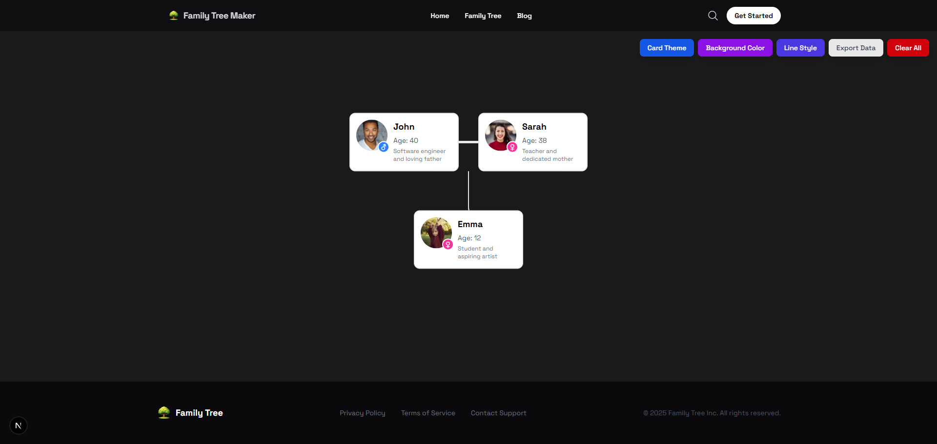 Blank canvas in the family tree editor — add your first member to begin